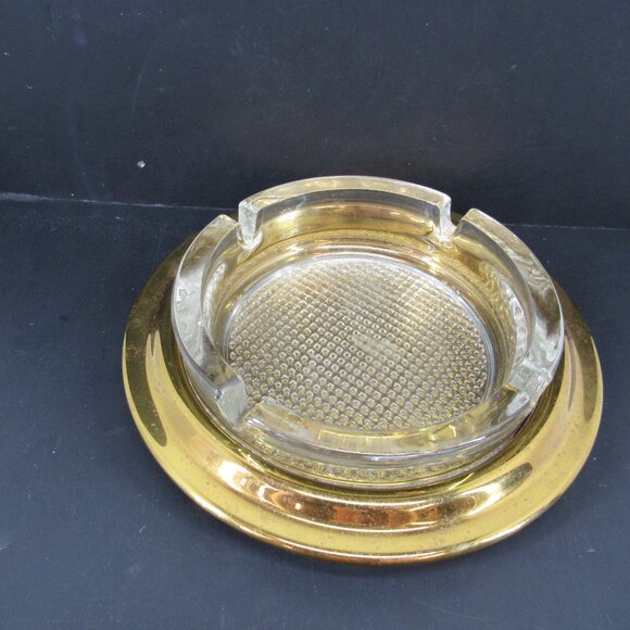 Vintage Baldwin Heavy Glass and Polished Brass 4 Slot Cigar Ashtray 2 Pieces - Picture 8 of 8